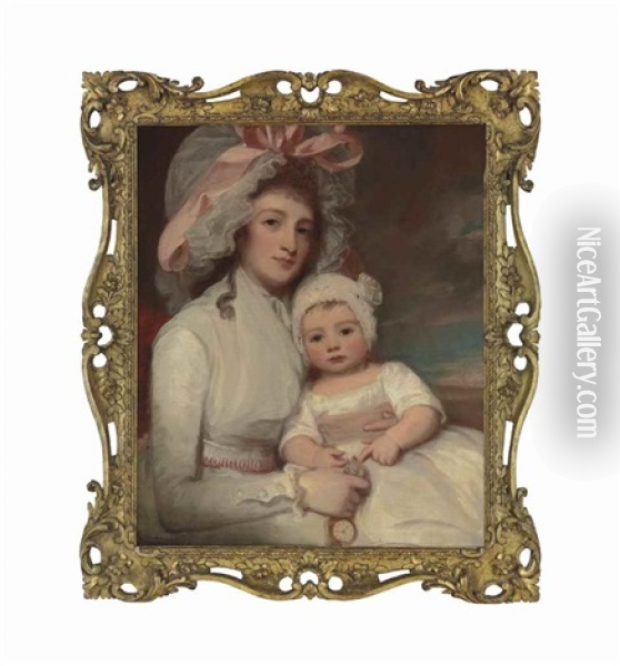 Portrait Of Mrs Margaret Ainslie And Her Son Henry, She In A White Dress And Mob-cap Tied With A Pink Ribbon, Holding A Fob Watch, The Child In A White Dress With A Pink Sash And White Cap Oil Painting - George Romney