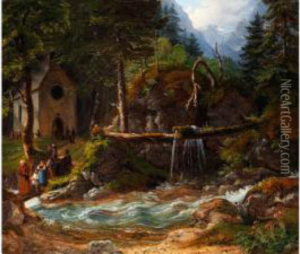 In Der Ramsau - Kirchganger An Einem Wilden Gebirgsbach Oil Painting - Gustav Reinhold