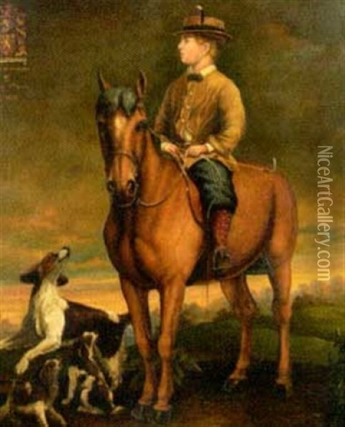 Portrait Of Eames Of Bridgend On Horseback With Hounds Oil Painting - Thomas Jones Barker