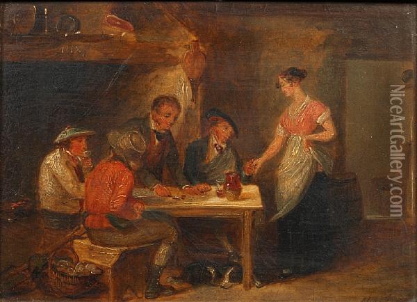 Interior Scene With Figures Seated Around Atable Oil Painting - Alexander Snr Fraser