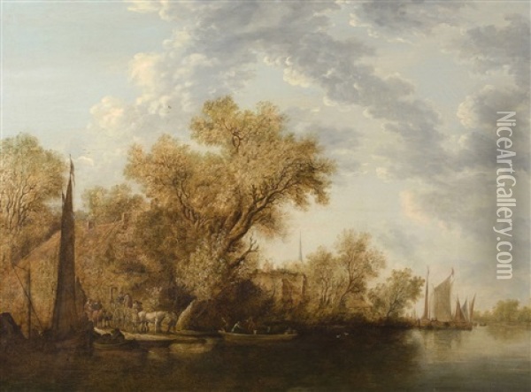 Flusslandschaft Mit Fahre Oil Painting - Salomon van Ruysdael