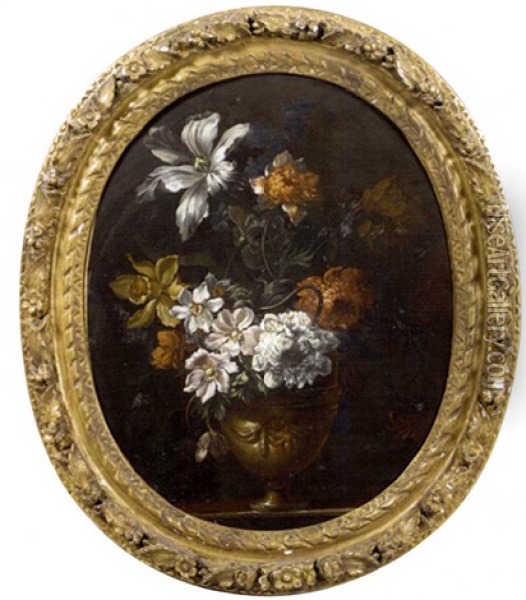 Vase De Fleurs: Pivoines, Tulipes, Narcisse... Dans Un Vase Sculpte, Pose Sur Un Entablement Oil Painting - Jean-Baptiste Monnoyer