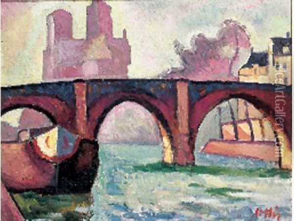 La Seine, Pont De Paris, Circa 1920 Oil Painting - Manuel Ortiz De Zarate