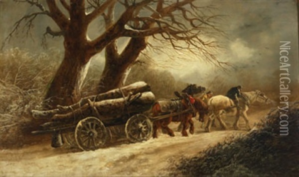 Rustics Driving A Timber Wagon Through Snow Oil Painting - Thomas Barker