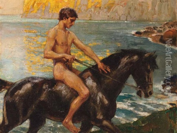 Nackter Knabe Zu Pferd Am Strand Einer Felsigen Meereskuste Oil Painting - Ludwig Von Hofmann
