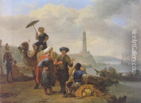 Oriental Merchants Discoursing On A Quayside With A Lighthouse And A Mediterranean Harbour Beyond Oil Painting - Johannes Lingelbach