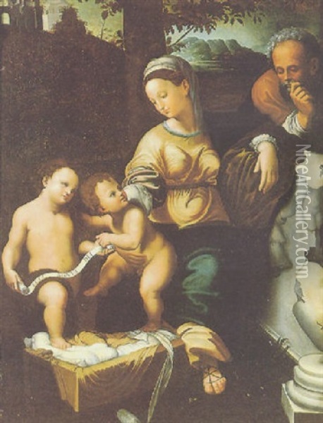 La Sacra Famiglia Sotto La Quercia Oil Painting - Giulio Romano