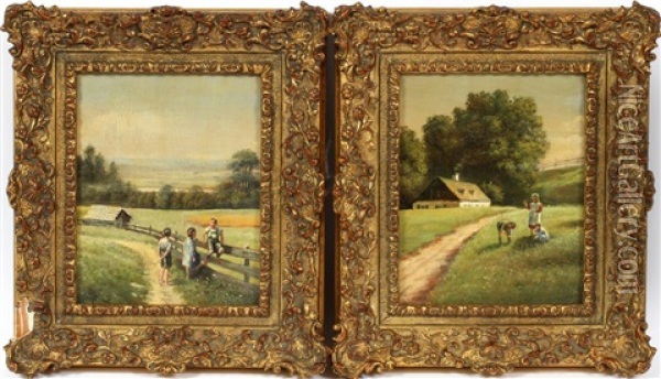 Three Children In Meadow, Pair Oil Painting - Rudolf Ritter