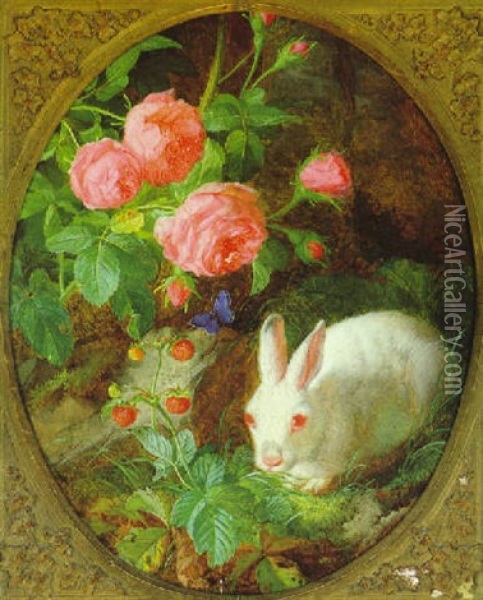 Hase Vor Einem Rosenstrauch Oil Painting - Andreas Lach