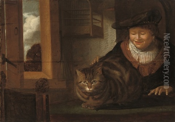 A Man Stroking A Cat In An Interior Oil Painting -  Rembrandt van Rijn