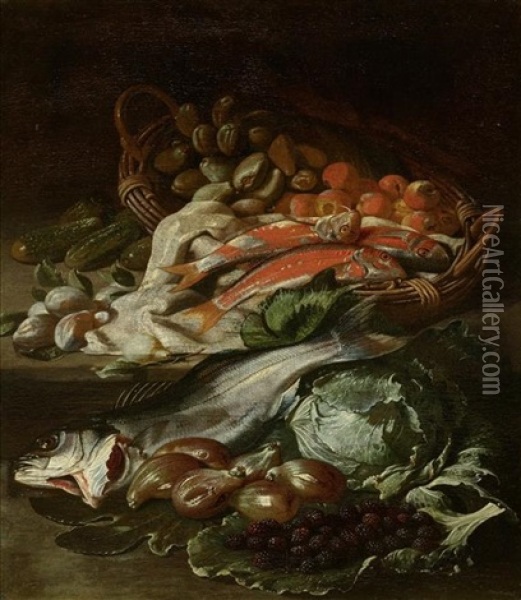 Stillleben Mit Fischen Und Fruchten In Einem Korb Oil Painting - Giuseppe Recco