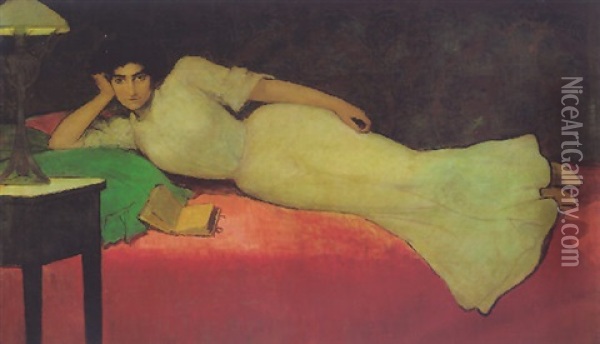 Lady Reclining In A Lamp-lit Interior Oil Painting - Julio Romero De Torres