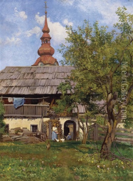 Hinterhof Und Kirchturmspitze Oil Painting - Georg Holub