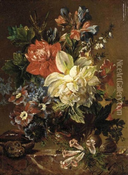 Flowers In A Vase, A Snail, And A Nut, On A Stone Ledge Oil Painting - Joseph Nigg