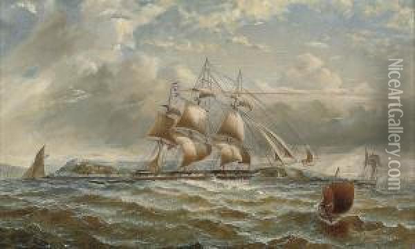 A British Merchantman Running Down The Firth Of Clyde In A Stiffbreeze, The Cloch Lighthouse Off Her Port Bow Oil Painting - George Alexander Napier