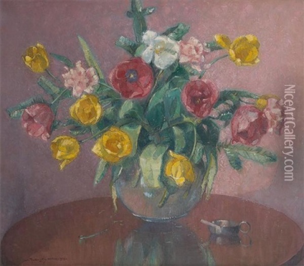Vase Fleuri De Roses Et De Pivoines Oil Painting - Mecislas Rakowski