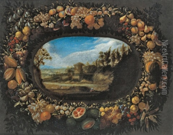 Blick In Eine Sudliche Landschaft Mit Einem Turm Durch Eine Ovale Fensteroffnung, Umrahmt Von Einem Fruchtekranz Oil Painting - Abraham Brueghel