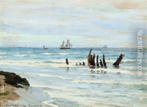 Coastal Scenery From Skagen Sonderstrand With Shipwreck In The Water Oil Painting - Carl Ludvig Thilson Locher