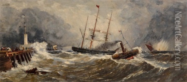 A French Paddlewheel Tug Bringing An English Sailing Vessel To The Jetty At Boulogne Oil Painting - John Callow