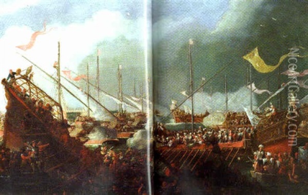 Victoire De La Flotte Ottomane Dans Une Des Batailles Navales Contre Les Galeres De Venise Oil Painting - Jan Theunisz Blankerhoff