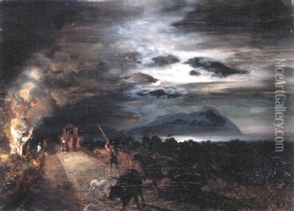 Nachtliches Feuer Am Golf Von Neapel Oil Painting - Oswald Achenbach