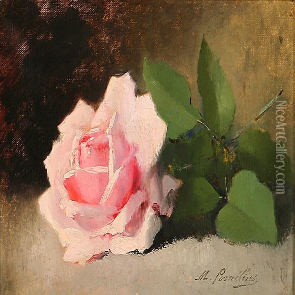 A Pink Rose On A Table Oil Painting - Marie Lucie Cornelius