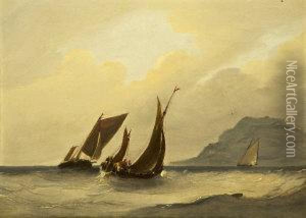 Coastal Scenes With Sailing Vessels, Evening Oil Painting - Frederick Calvert