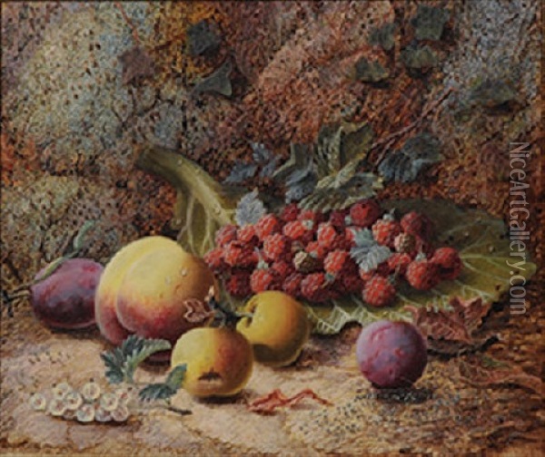 Still Lifes Of Fruit On A Mossy Bank (pair) Oil Painting - Oliver Clare