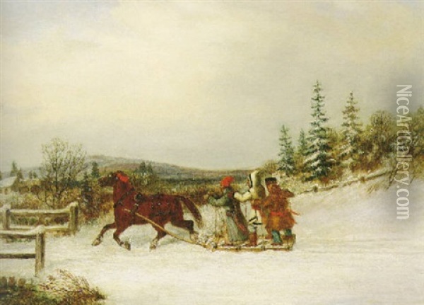 Three Habitants In A Sleigh Oil Painting - Cornelius David Krieghoff