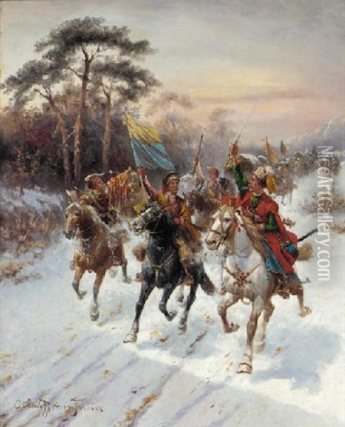 A Cavalry Charge Oil Painting - Adolf (Constantin) Baumgartner-Stoiloff