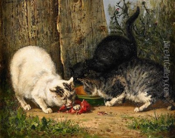 Katter Vid Matskalen Oil Painting - Clemence Nielssen