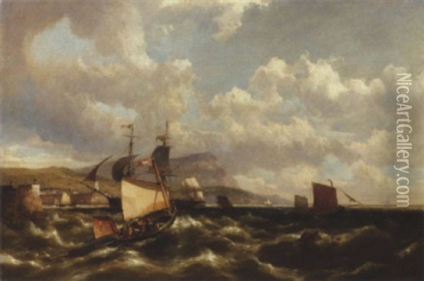 Shipping On Choppy Water Off A Rocky Coast By A Harbour Oil Painting - Hermanus Koekkoek the Younger