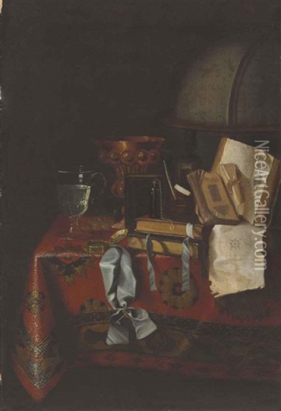 A Globe, Books, A Brass Goblet, A Glass Of Wine And Other Objects On A Draped Table Oil Painting -  Pseudo-Roestraten