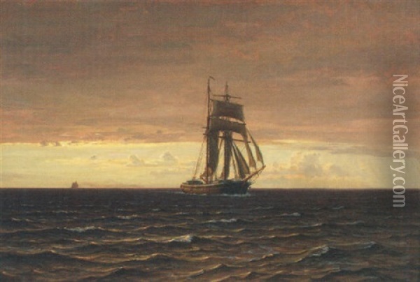 A Topsail Schooner At Dusk Oil Painting - Vilhelm Karl Ferdinand Arnesen