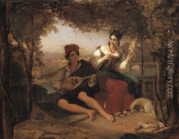 Seated Boy Playing Lute And Girl Spinning, Naples Beyond Oil Painting - Thomas Uwins