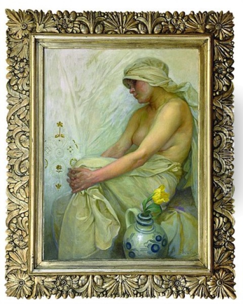 Sitting Girl Oil Painting - Alphonse Mucha