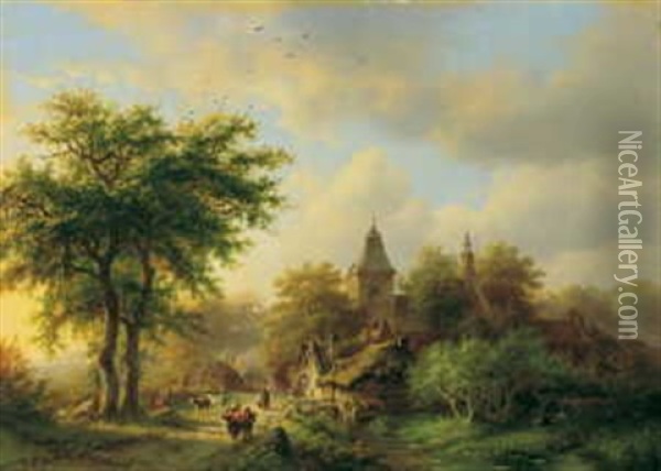 Besonnte Dorfstrasse Mit Kirche Oil Painting - Barend Cornelis Koekkoek