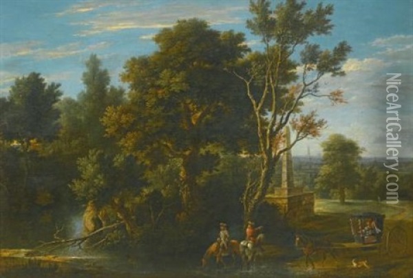 A Landscape With Travellers Stopping To Rest By A River Oil Painting - Gaspar de Witte