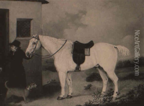 Portrait Of A Grey Hunter, A Groom And A Terrier Before A Stable Oil Painting - Henry Bernard Chalon