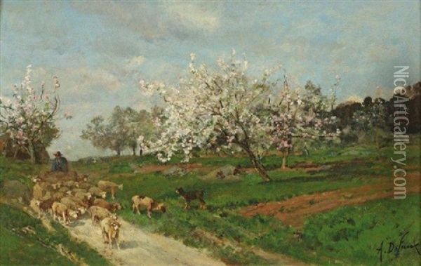 Troupeau De Moutons Pres Des Arbres En Fleur Oil Painting - Alexandre Defaux