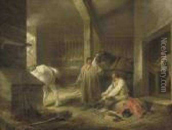 Preparing For Market: A Stable Interior With Figures Andhorses Oil Painting - George Morland