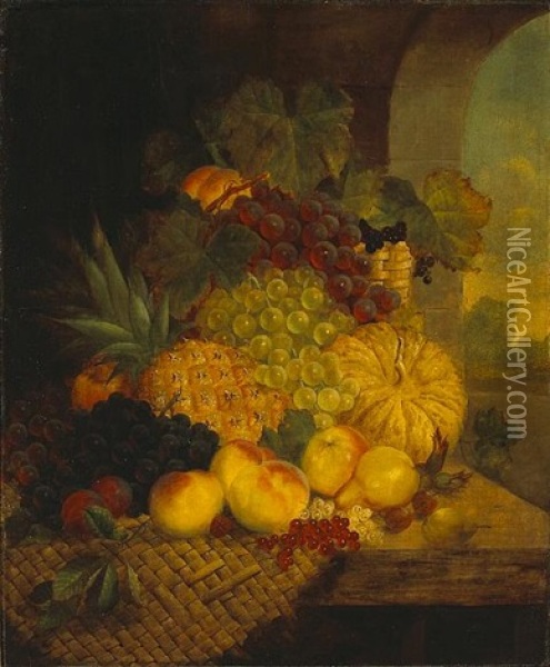 A Still Life With Grapes, Peaches, And A Pineapple With Other Fruit On A Table In An Alcove And A Landscape Beyond Oil Painting - George Lance