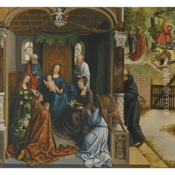 The Virgin And Child Adored By Saint Martin And Other Saints Including Saint Peter, Agnes, Mary Magdelene, And Anthony (?), And Beyond Saint Martin Ordering A Tree To Be Felled, With On The Verso An Abbot In Prayer, Within A Fictive Frame Oil Painting - Bernaert (Barend) van Orley