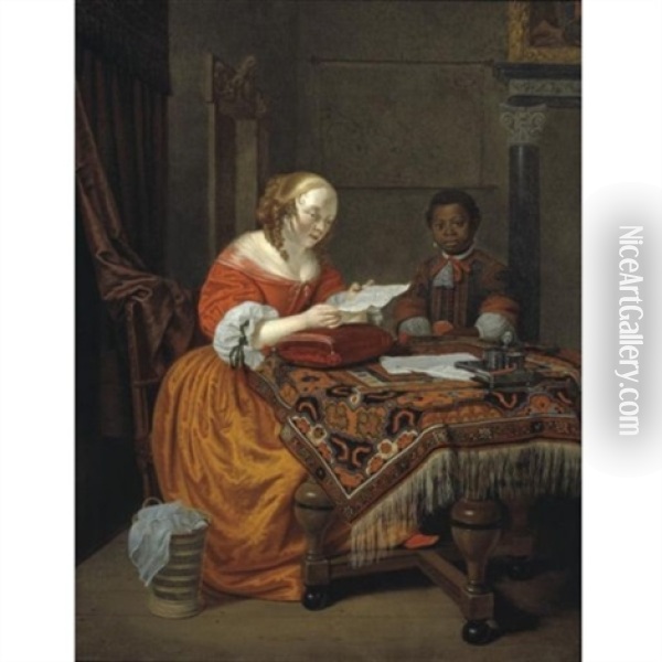 An Interior With A Young Girl, Seated At A Table Covered With An Indian Carpet And Reading A Letter, Attended By A Negro Page Oil Painting - Michiel van Musscher