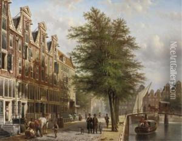 Daily Activities Along A Canal In A Dutch City, Amsterdam Oil Painting - Johannes Franciscus Spohler