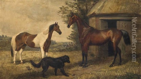 Two Bay Hunters And A Dog Outside A Stable Oil Painting - Jacques-Laurent Agasse