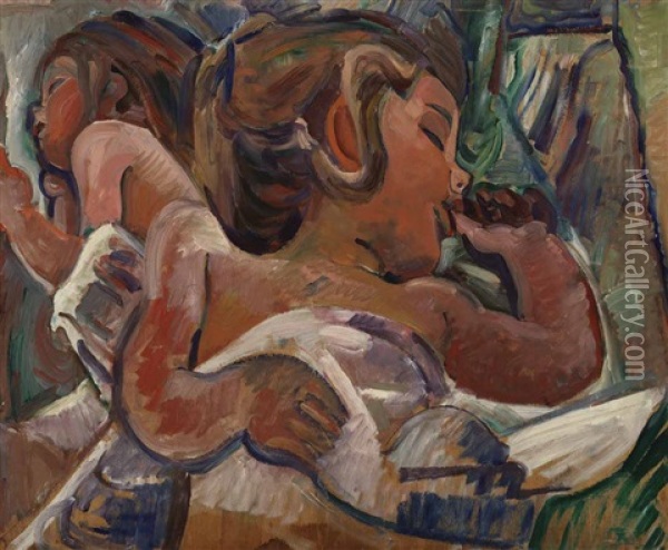 Girl Sucking Her Thumb (probably The Artist's Daughter) / Mounted Police On City Street, Ny (verso) Oil Painting - Pegi Nicol Macleod