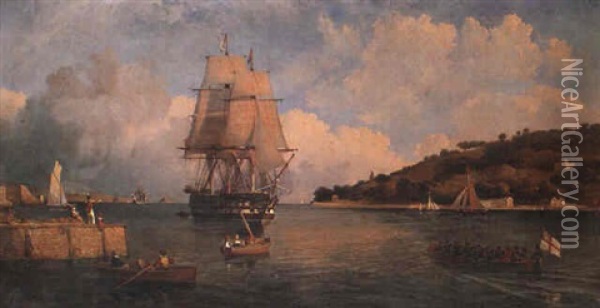 A Two-decker Entering Harbour Oil Painting - Charles Henry Seaforth