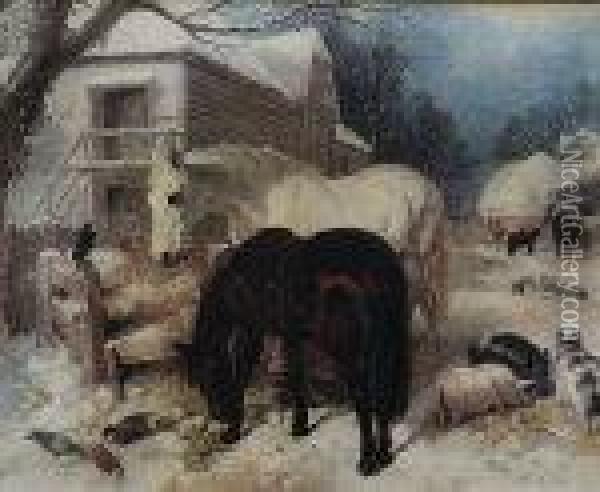 Farmyard Scene With Horses, Pigs And Ducks Oil Painting - John Frederick Herring Snr