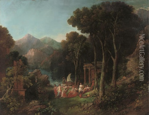 A Mountainous Wooded River Landscape With A Bacchanal Oil Painting - Charles Coleman